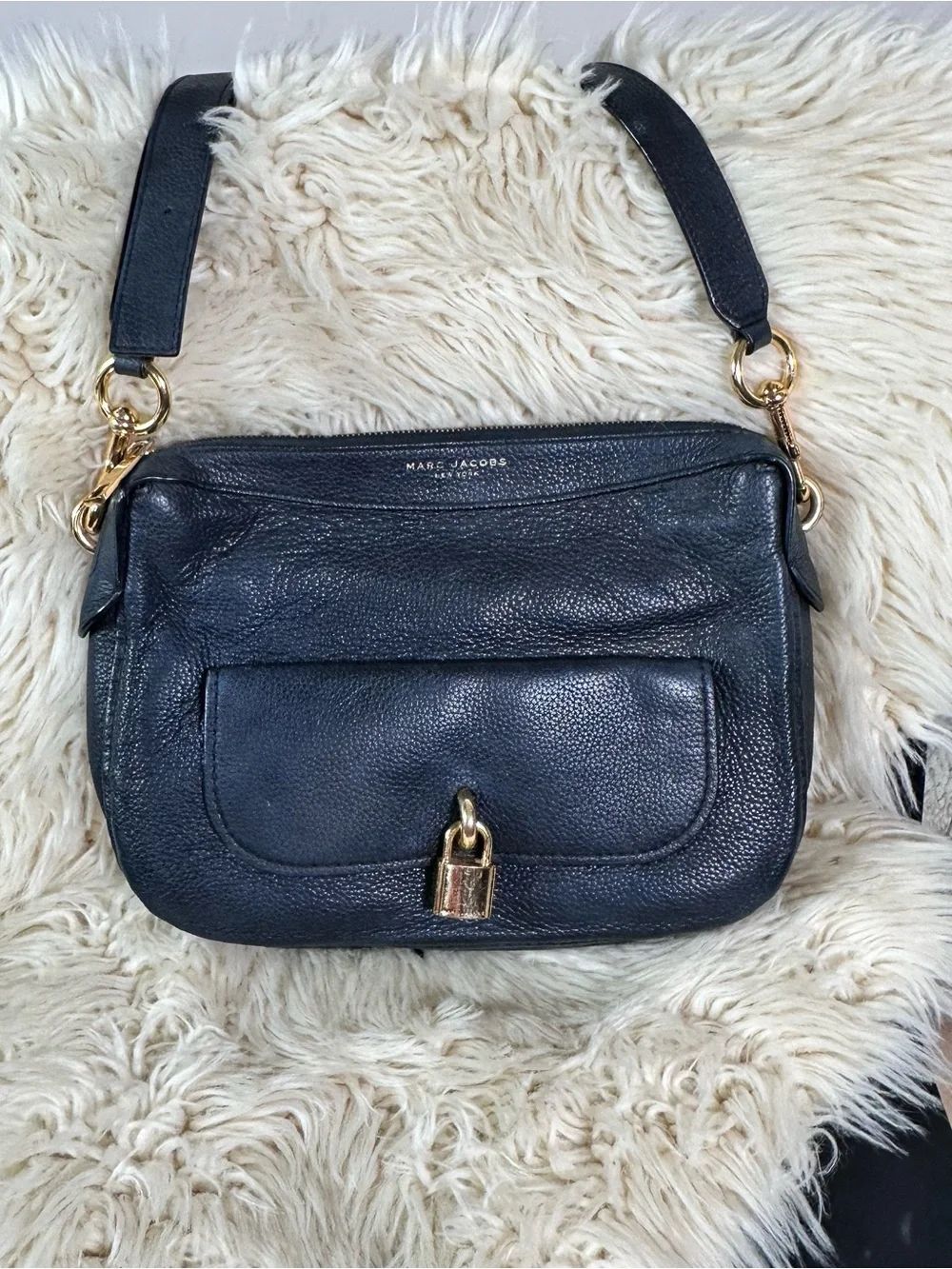 Marc Jacobs Black Pebbled Leather crossbody Bag with Gold Hardware Padlock